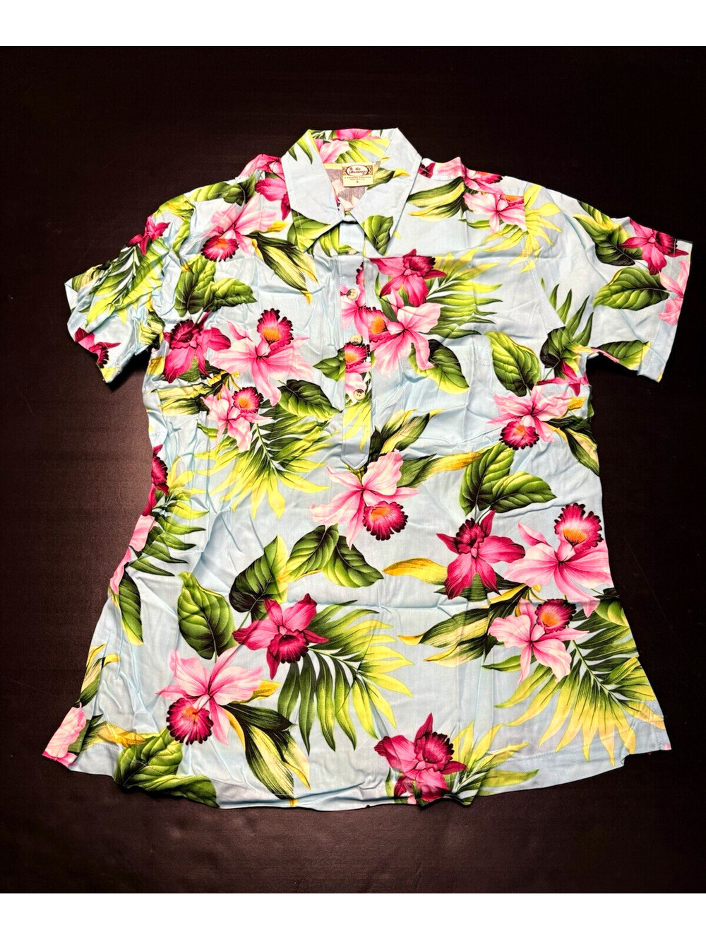 Go Barefoot Women's Blue Floral Hawaiian Tropical Trader Joe’s Rayon Shirt large